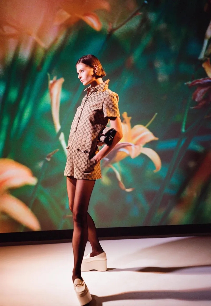 Bibi Breslin in Gucci monogram dress