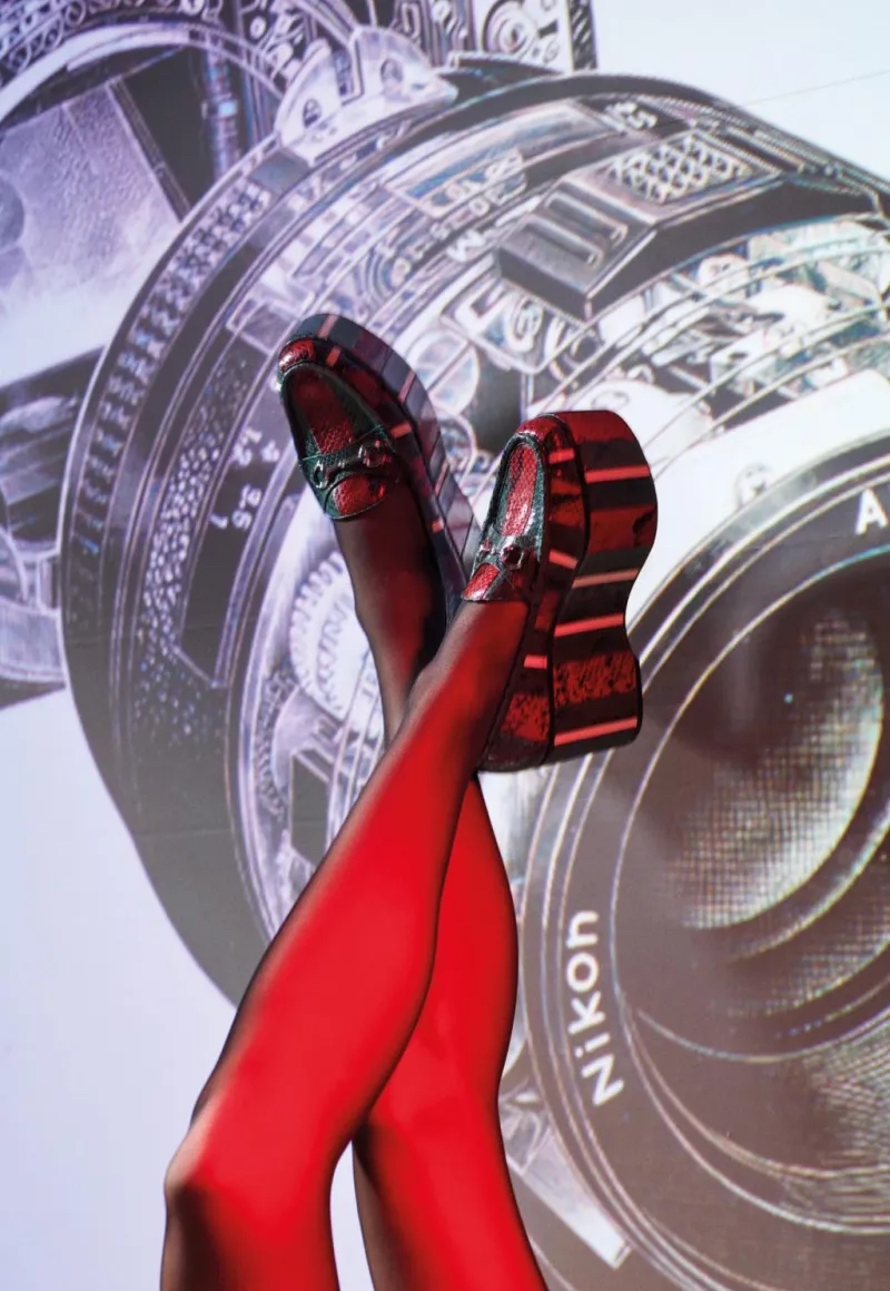 Red stockings and platform shoes detail