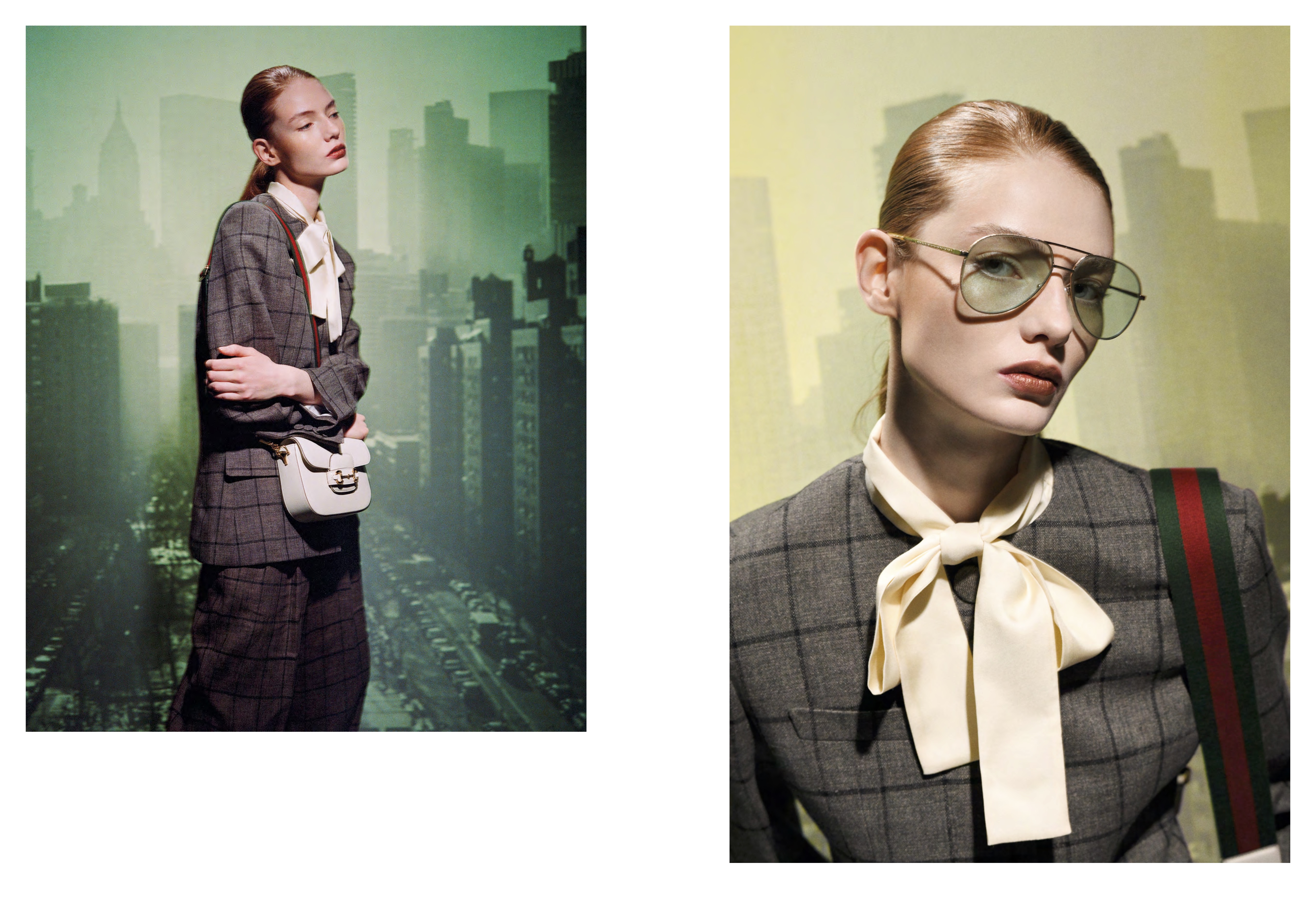 Gucci Spring 2023 retroprojection editorial - plaid suit and aviator sunglasses