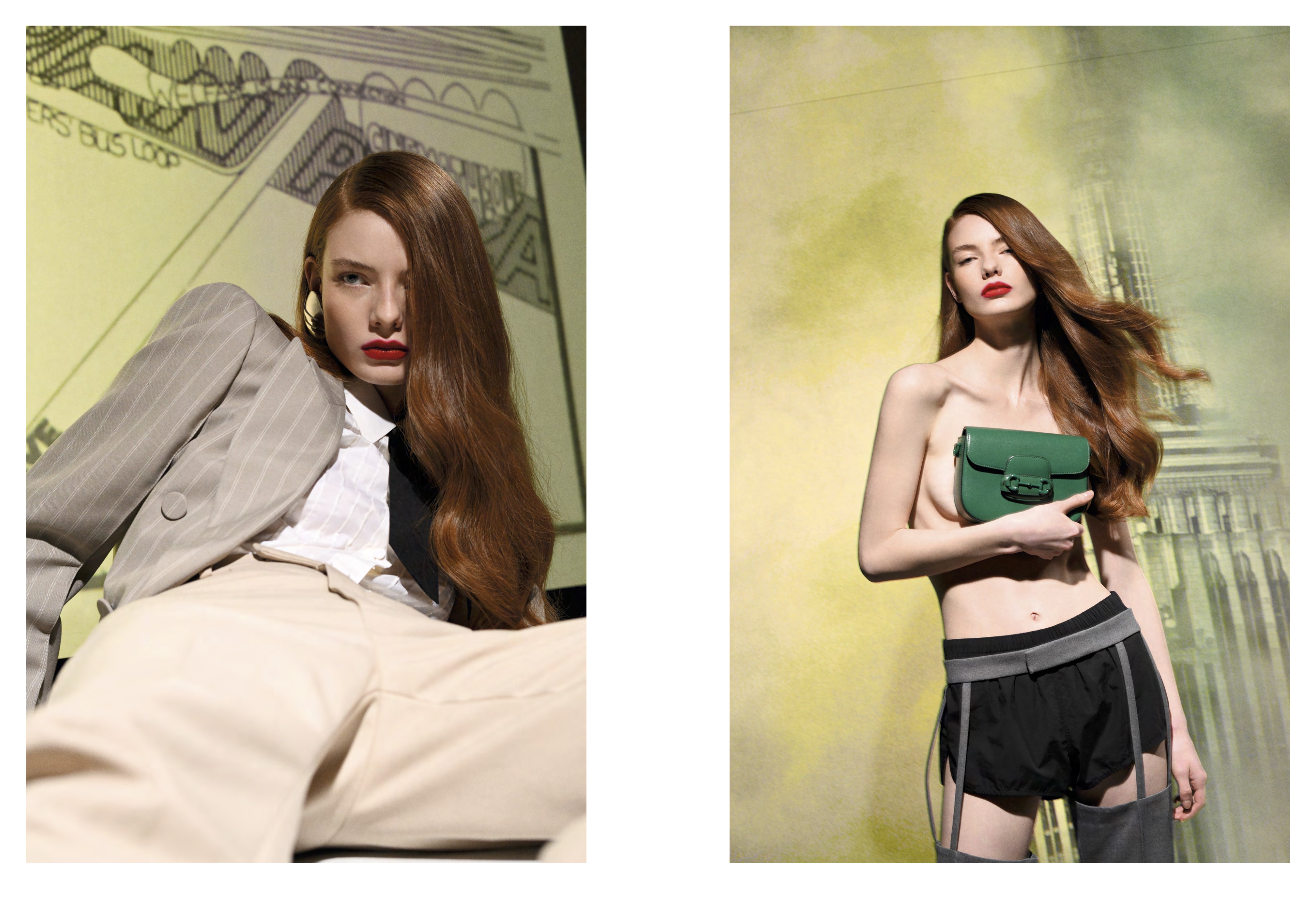 Gucci Spring 2023 retroprojection editorial - pinstripe suit and green handbag