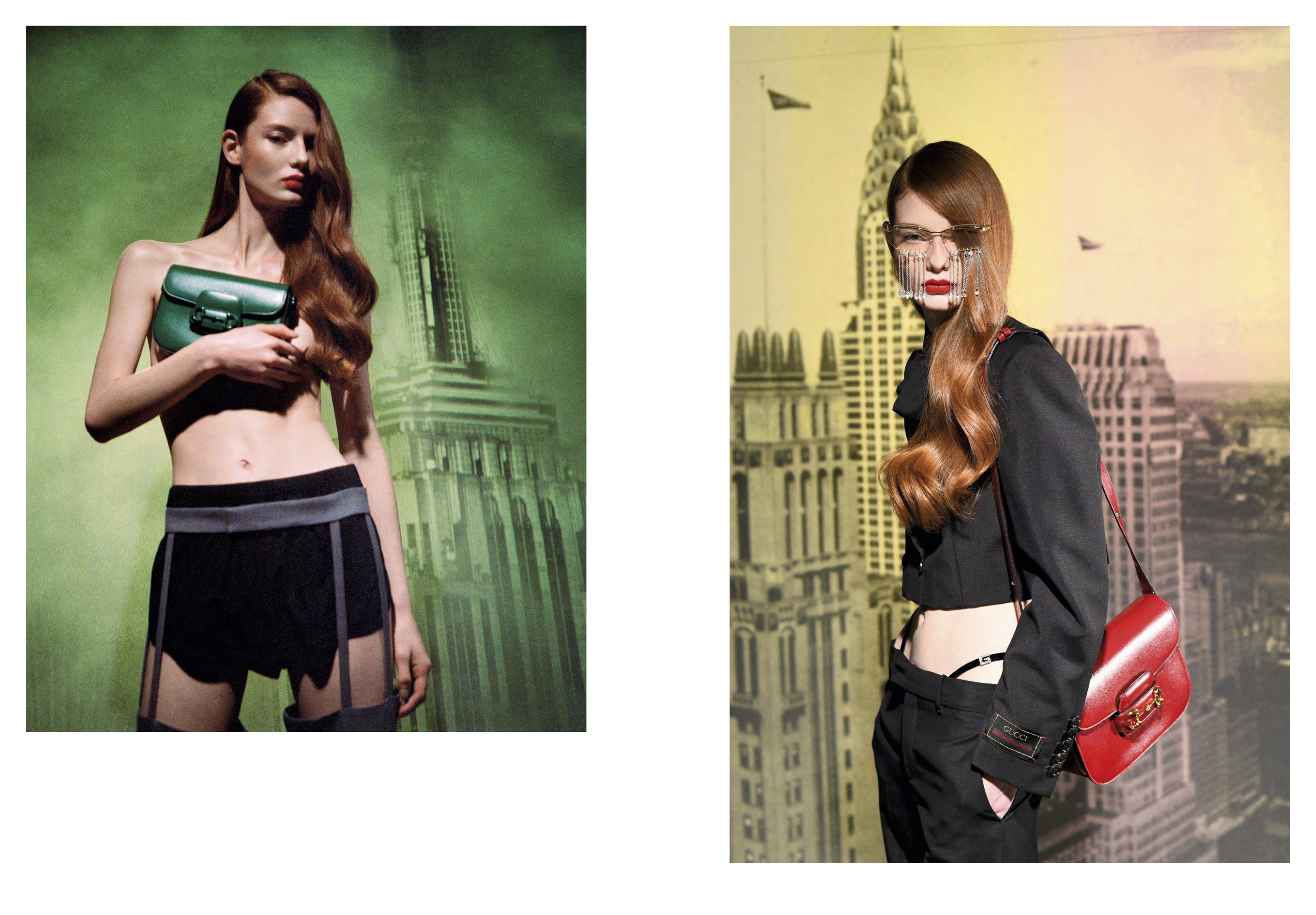 Gucci Spring 2023 retroprojection editorial - black ensemble with Manhattan skyline